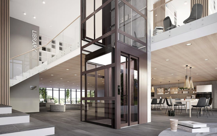 Metal finish and glass elevator in library